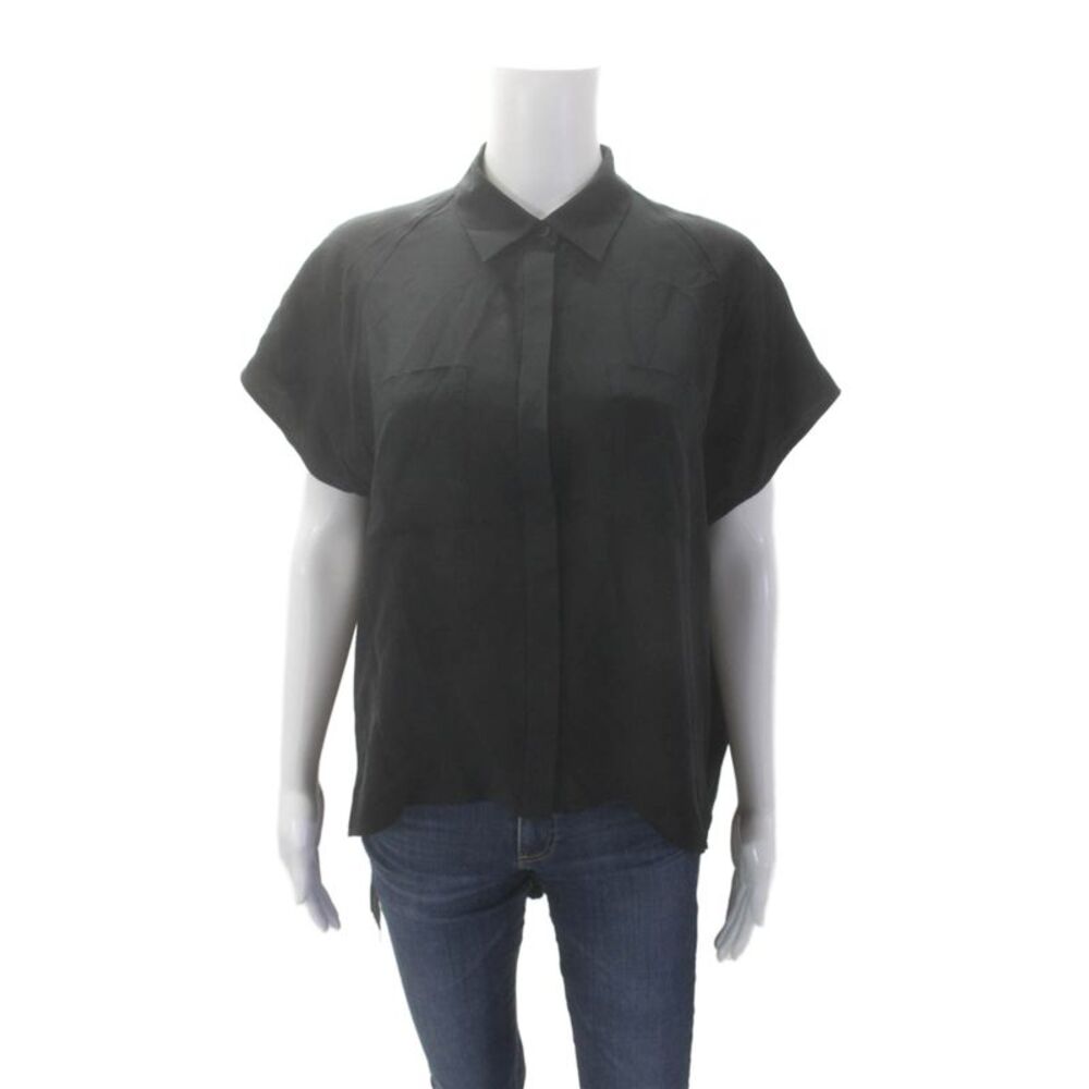ICB Womens Silk Cap Sleeve Collared Button-Down High-Low Shirt Black Size S